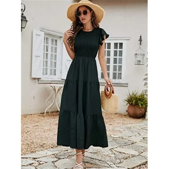 Women's Summer Casual Flutter Short Sleeve Crew Neck Smocked Elastic Maxi Dress - Picture 3 of 3